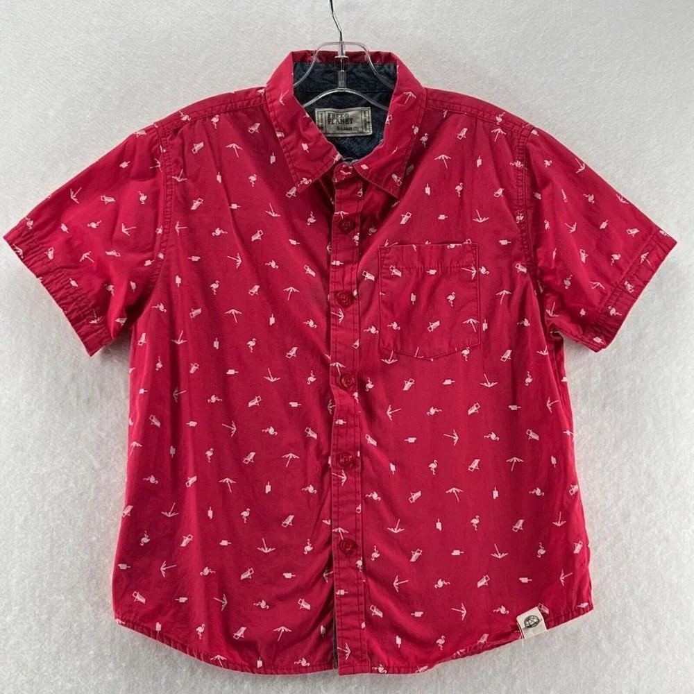 Free Planet Shirt Boys Size XL 7 Printed Button Front Short Sleeve Cotton Red
